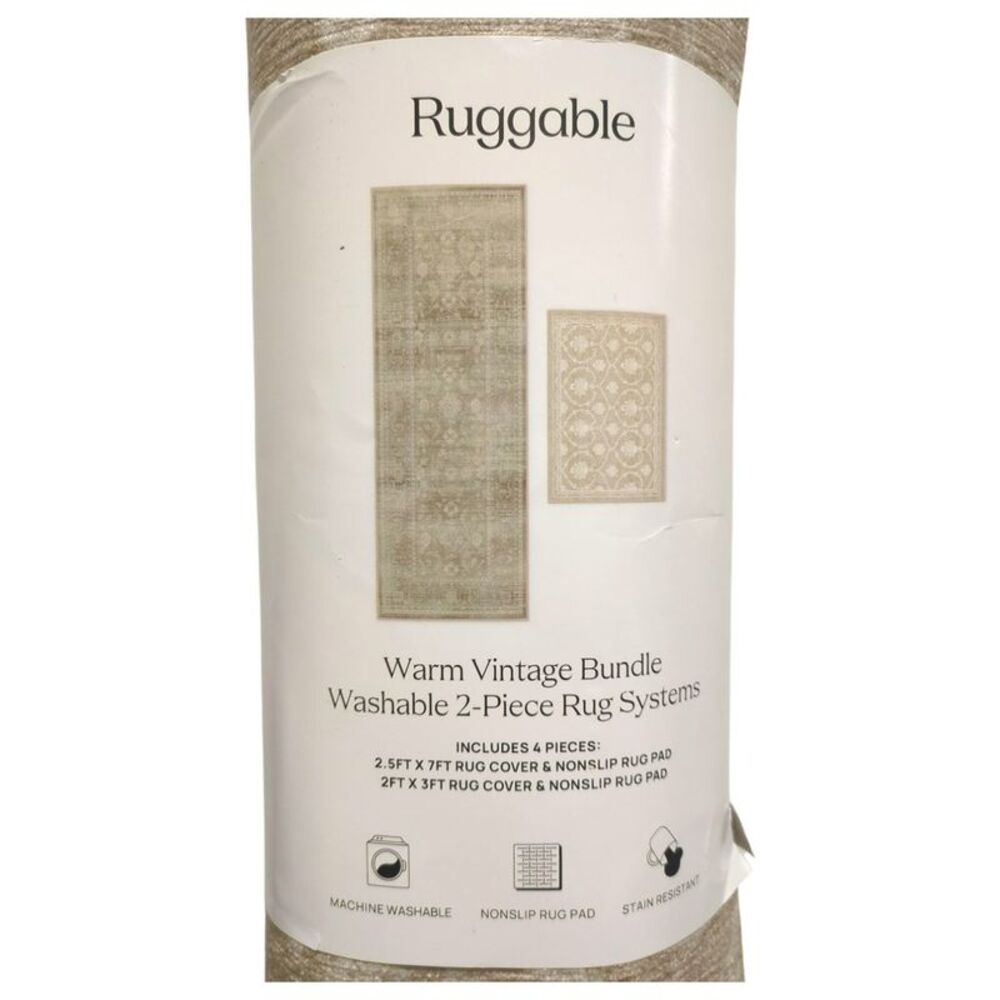Warm Vintage - Ruggable 4pc Washable Rug System Set, 2.5ftx7ft & 2ftx3ft, with N